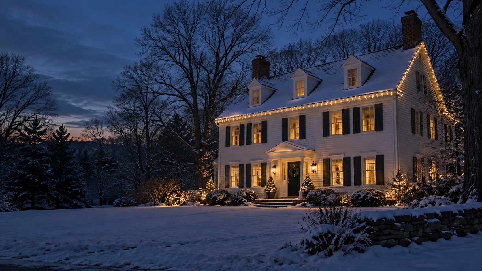A snowy home with warm roofline Christmas lights at dusk