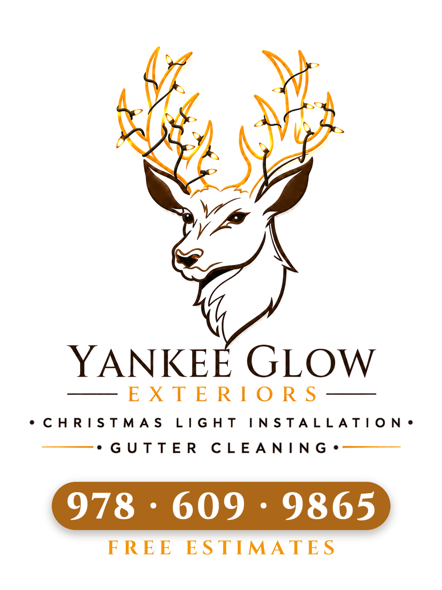 Yankee Glow Exteriors deer logo with gold Christmas lights. Christmas light installation and gutter cleaning. 978-609-9865. Free estimates.